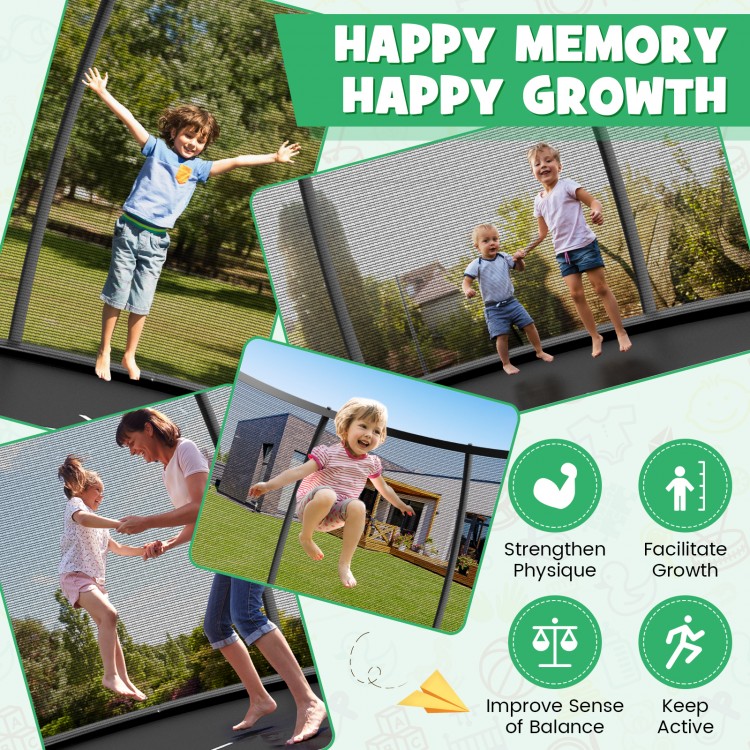 Children joyfully jumping on the 8 feet ASTM approved trampoline with safety enclosure and ladder for active play.